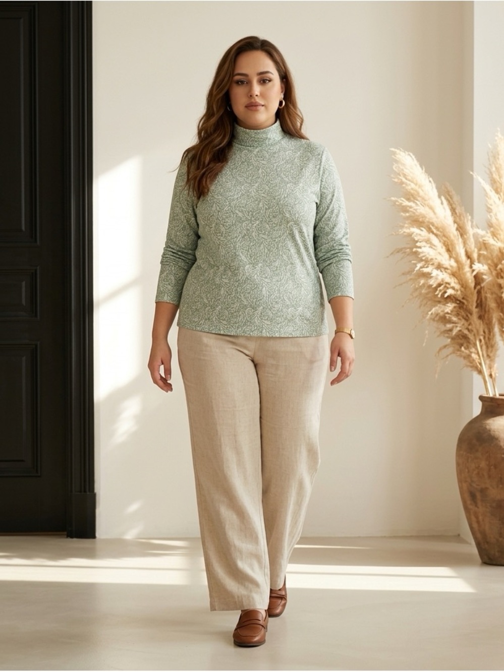Croft & Barrow Light Green/White Turtleneck Top